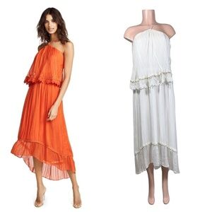 Ramy Brook Ivory Linden Tiered Ruffle Gold Metallic Thread Dress SZ S $425 NWT